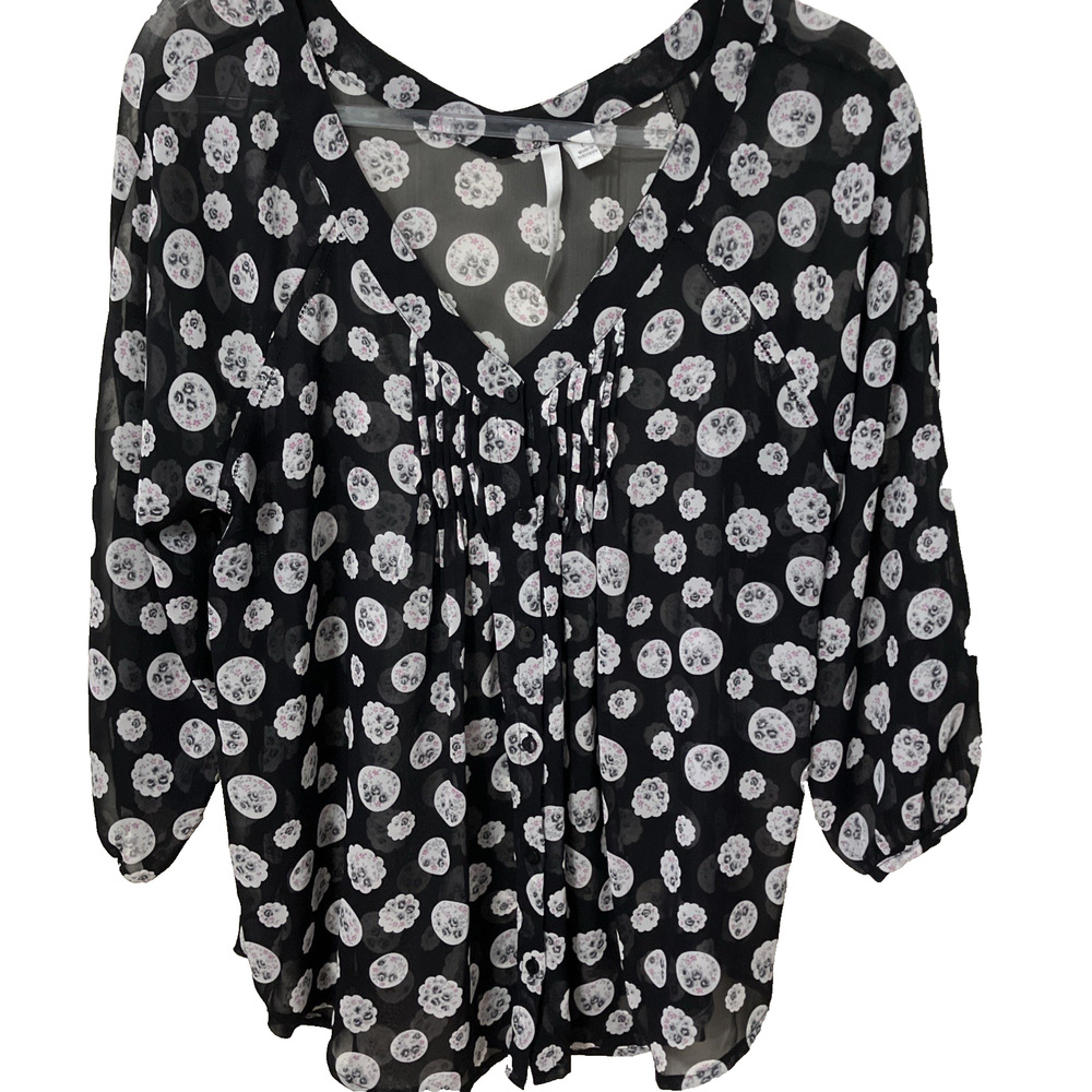 Women’s LC Lauren Conrad Black Sheer 3/4 Sleeve Semi Sheer Boho Blouse Sz Large